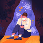 A cartoon of a man wearing a mask, sitting in a cave surrounded by viruses and question marks .