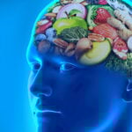 A man's head is filled with fruits and vegetables.