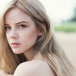 A woman with blonde hair looks over her shoulder at the camera with a serious look on her face.