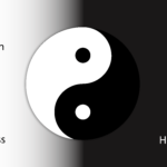 A black and white yin yang symbol with a list of examples on either side.